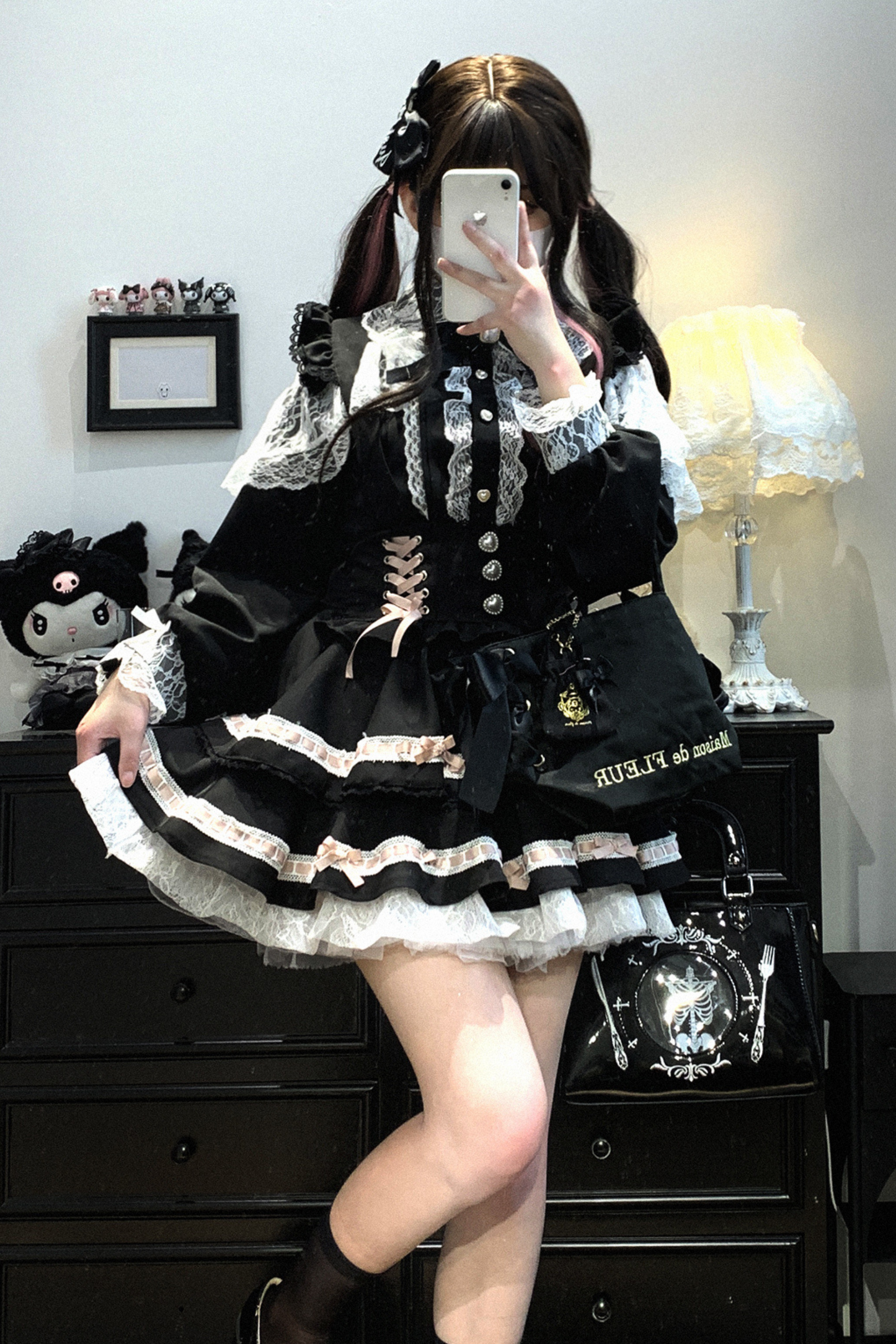 [Pre-order item] Frilled Ribbon Lace-up Suspender Skirt