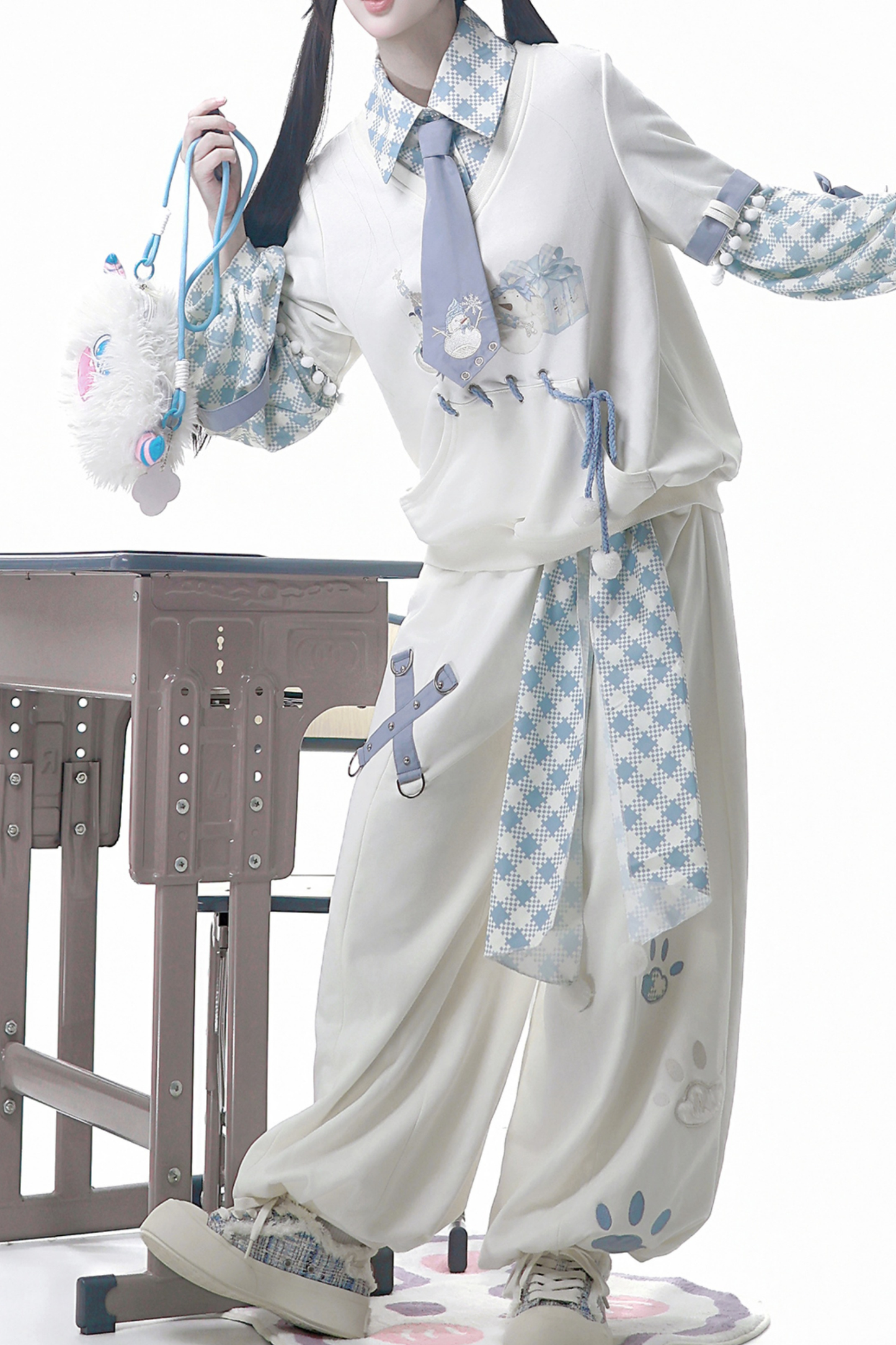 デジタルチェックトップス+ワイドパンツ+ベルト+ネクタイ