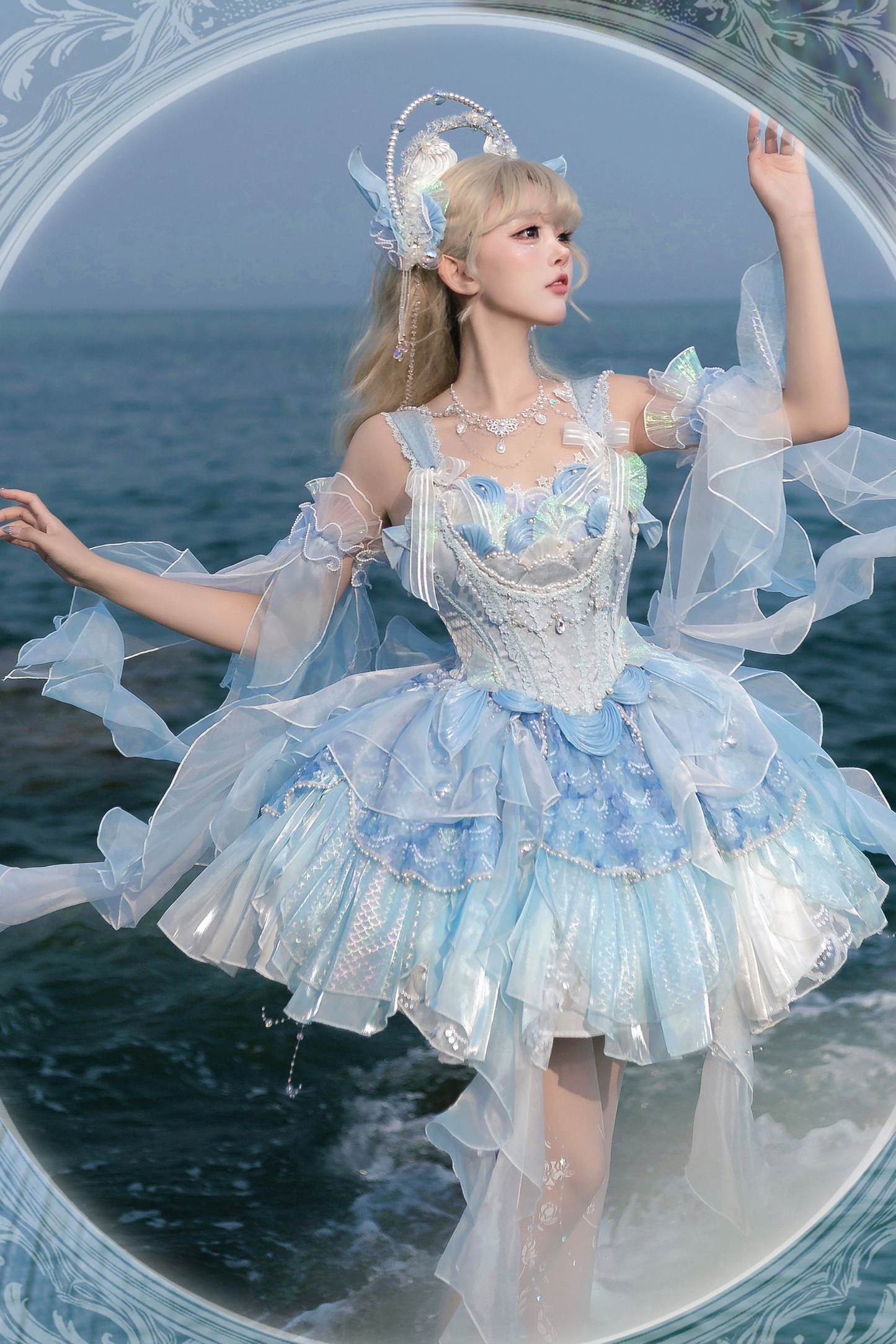 Mermaid Chiffon Lolita Dress + Crown + Headband + Sleeves