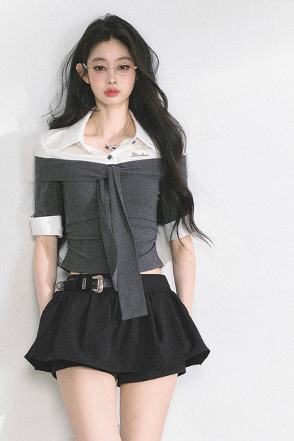 フレンチレディーウエストスリミングショートトップス