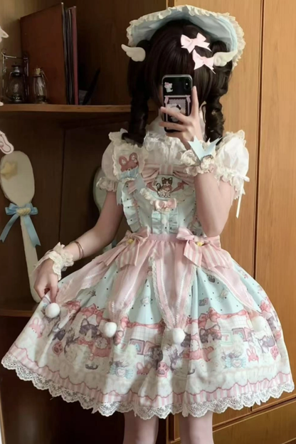 キャビネットロリータジャンパースカート+ドレス+ブローチ+ヘアバンド+ボンネット+エプロン+ハンドスリーブ