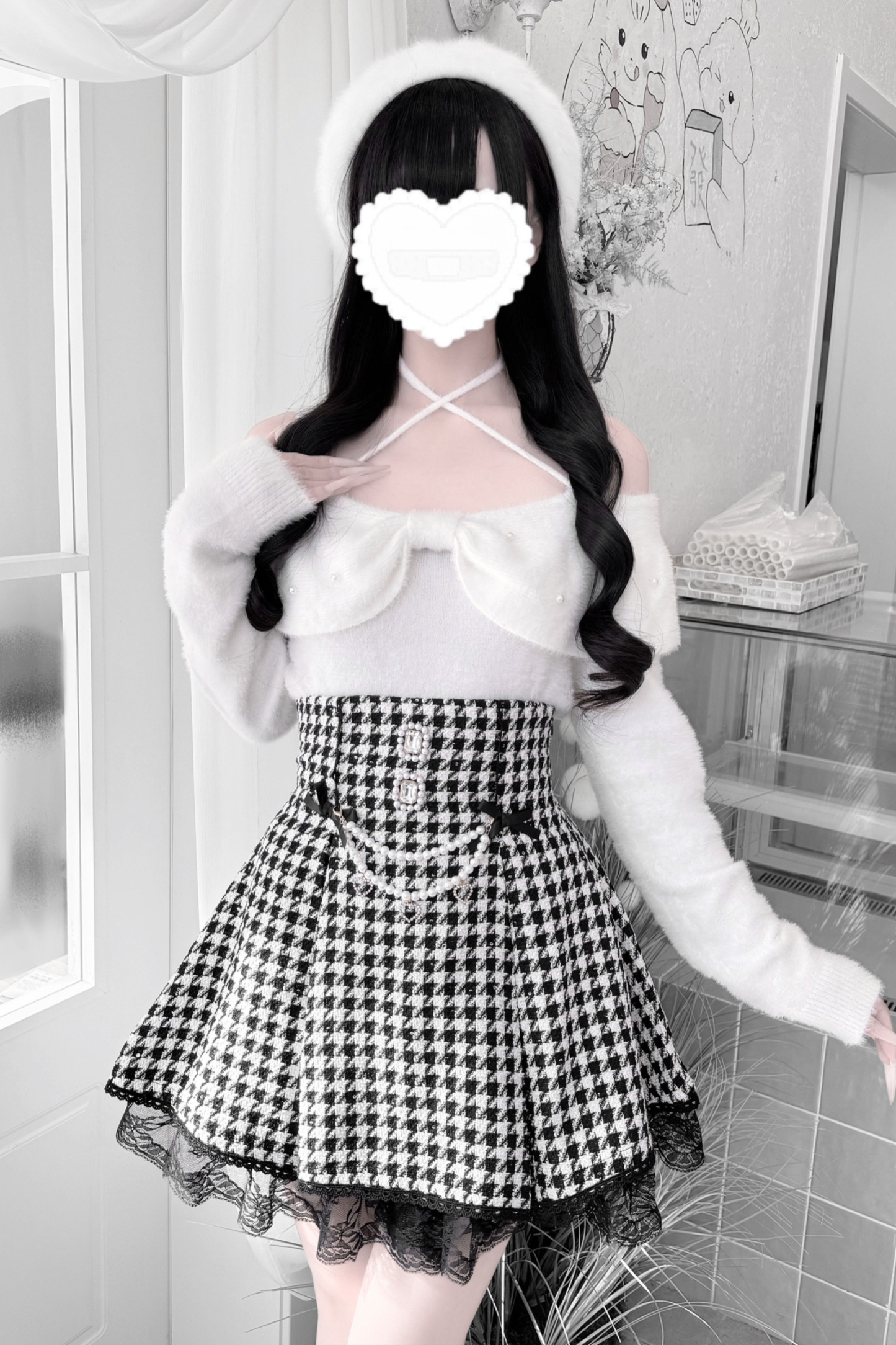 Ribbon mink velvet off-the-shoulder sweater