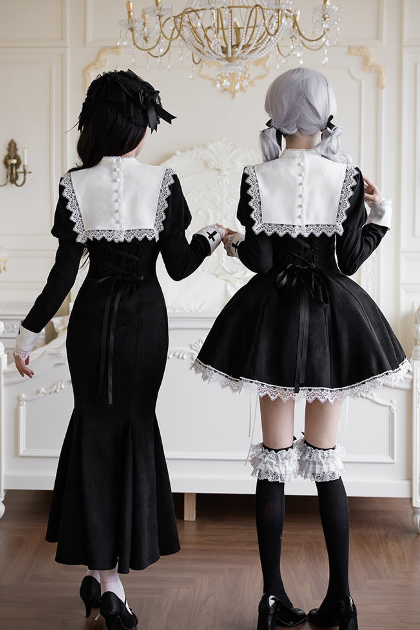 シックマーメイドドレス+レースアップショートドレス+マントコート+カラー+リボンブローチ