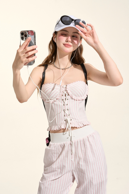 ストライプシャツ+ルーズパンツ+バンドゥ