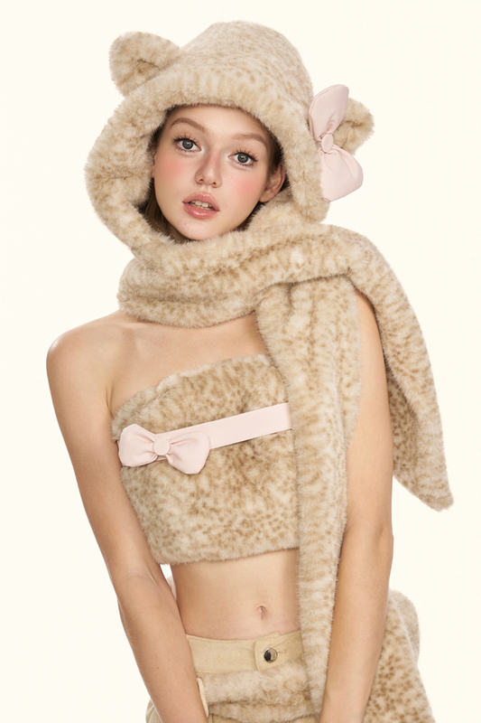Little Milk Ribbon Leopard Scarf Hat