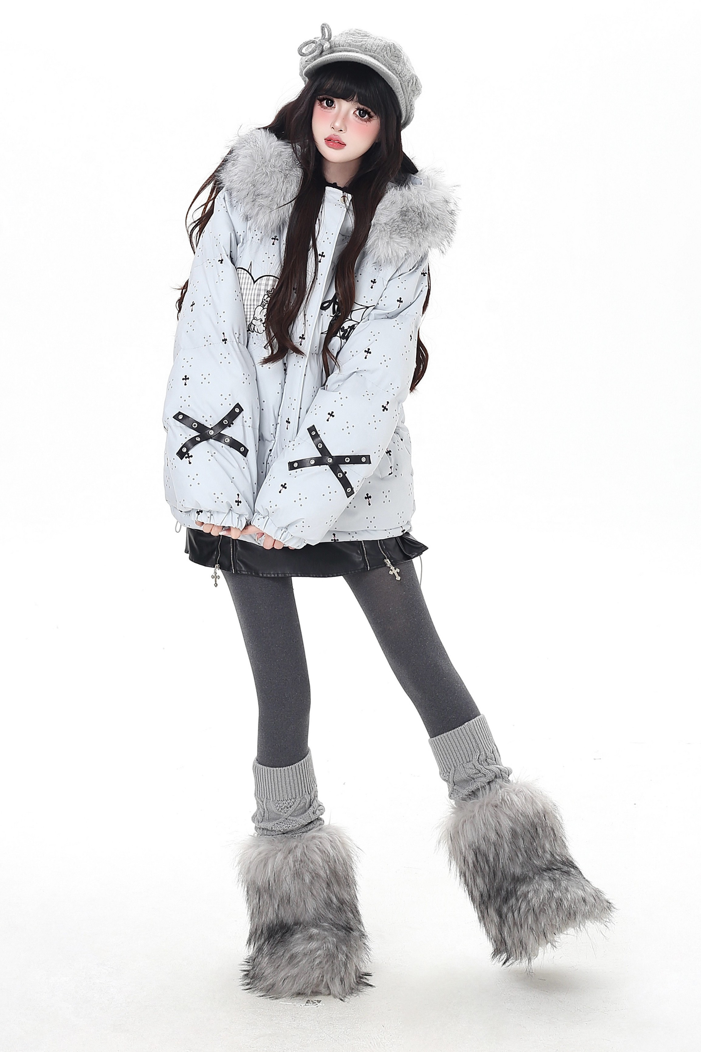 Dark rabbit design fur hooded jacket