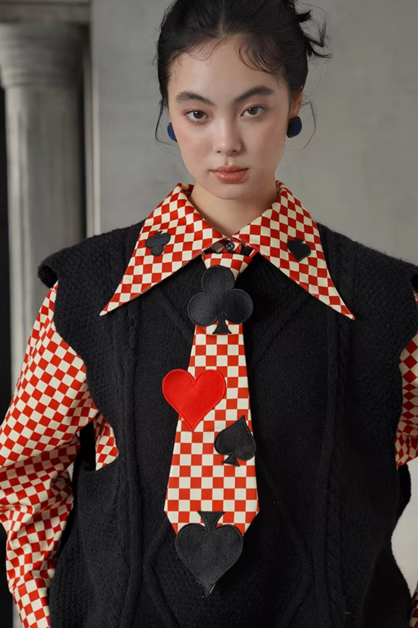 レトロチェックトランプデザインブラウス