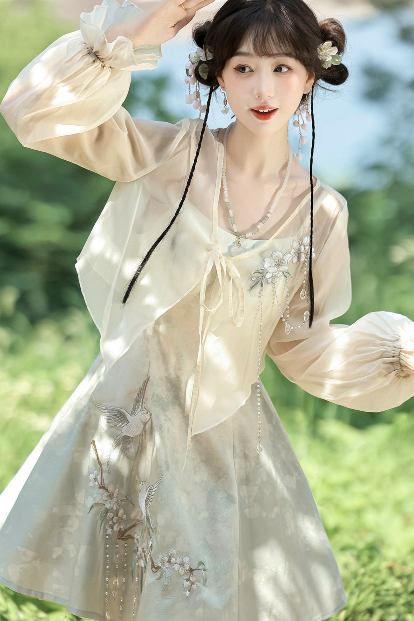 China Gradient Flower Retro Dress + Sheer Cardigan