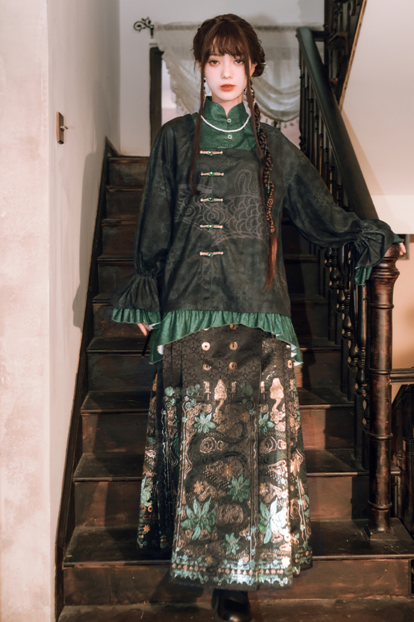 Dark China Flared Sleeve Top