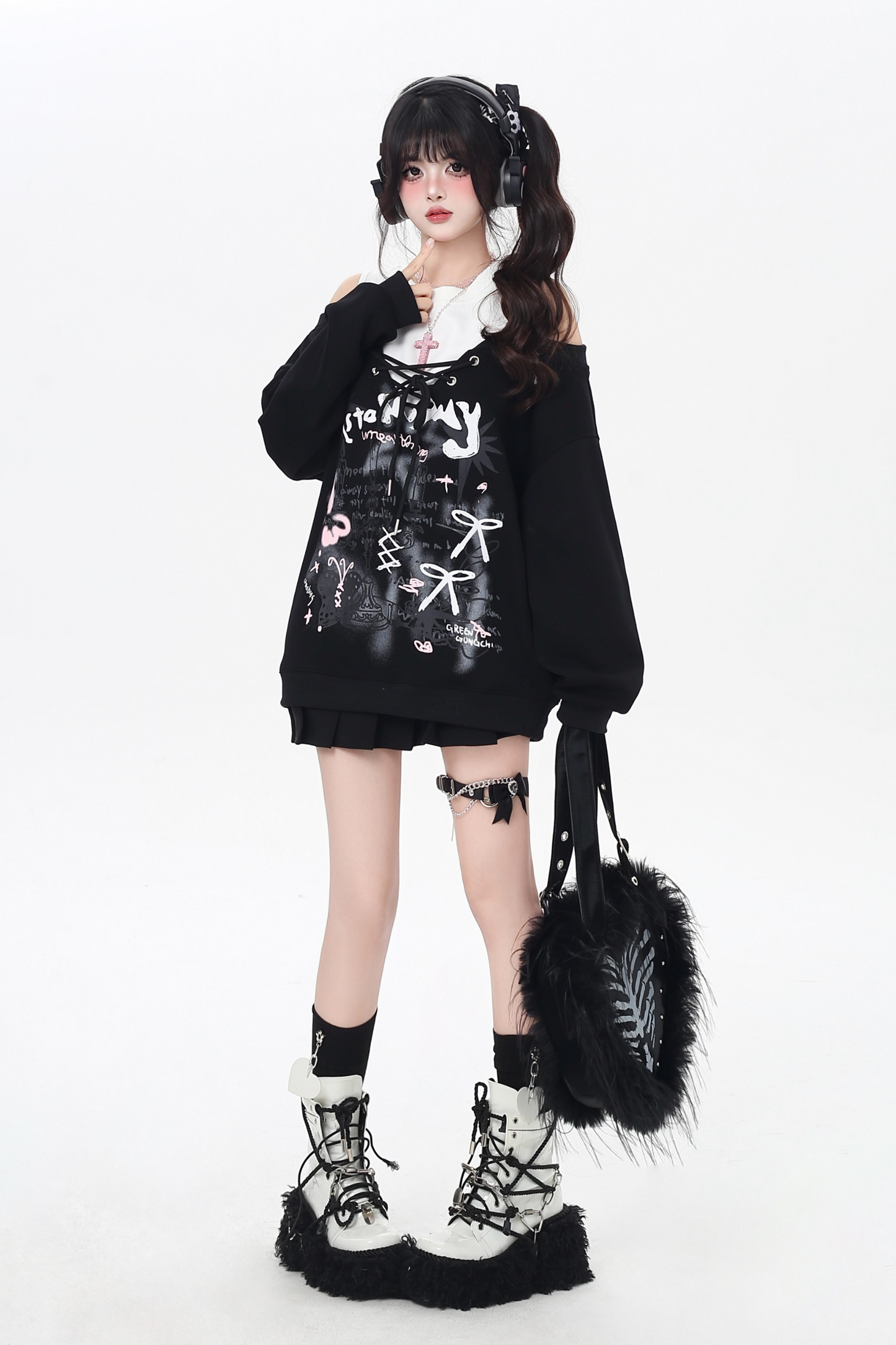 スイートストラップフェイクツーピースオフショルダーデザインガーリースウェット