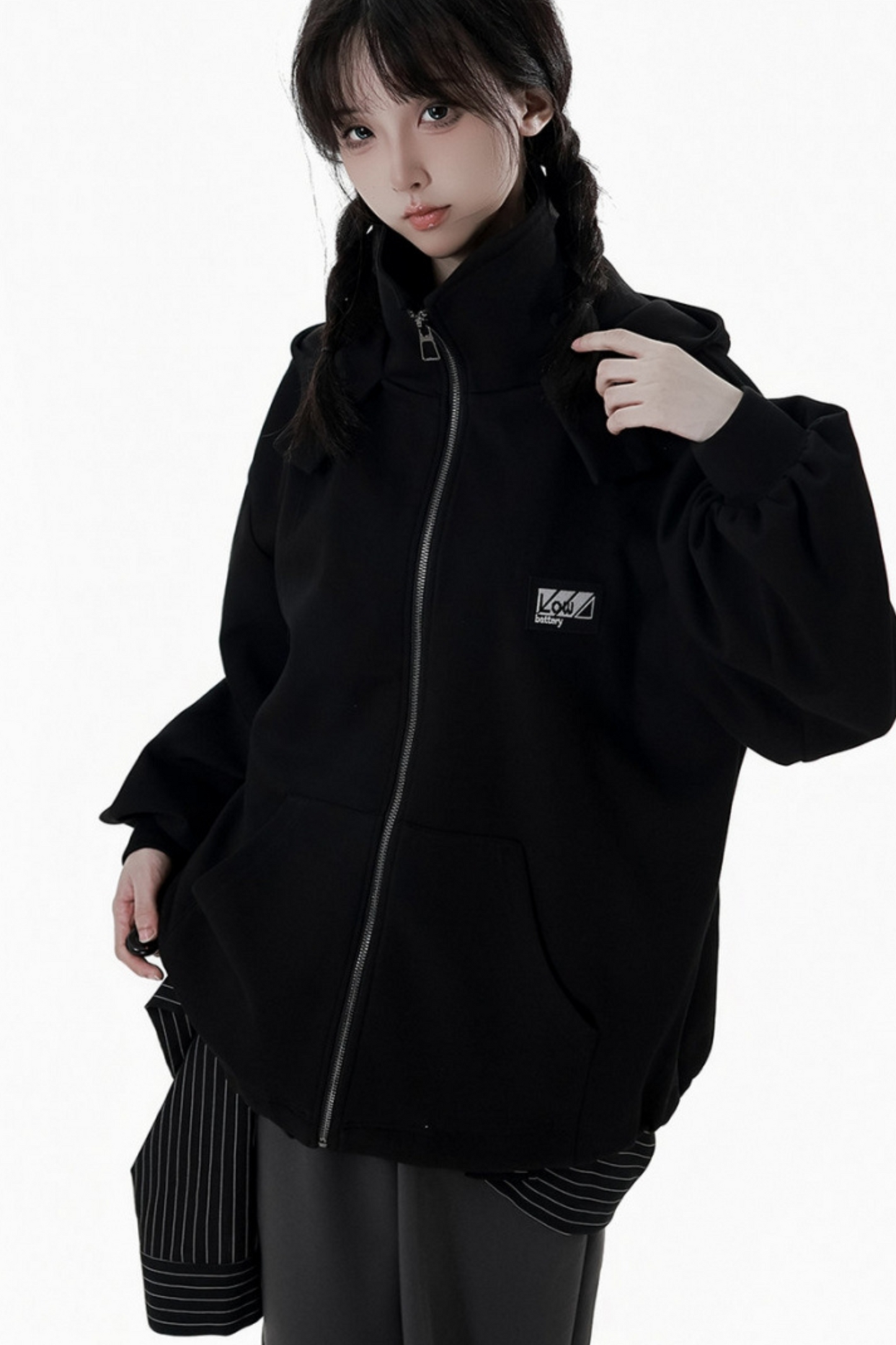 Neutral hooded jacket + coat + top + pants + straps