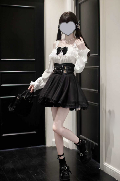 Mine off-the-shoulder shirt + checked skirt (with inner pants)