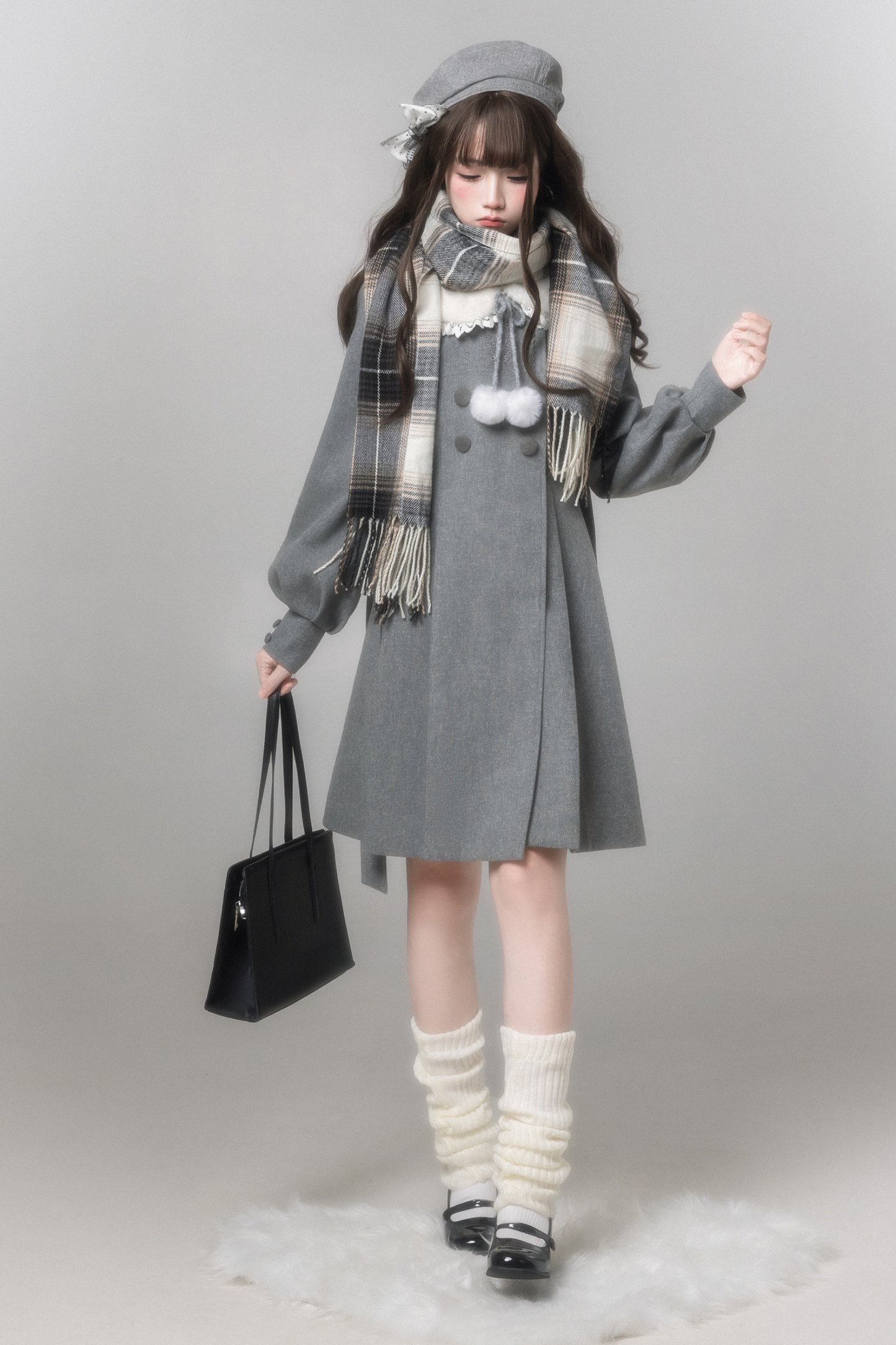 スイートフレアコート+スカート+シャツ+ベレー帽