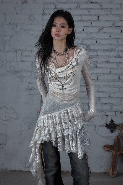 Punk-Spitzen-Kapuzen-Asymmetrie-Kleid