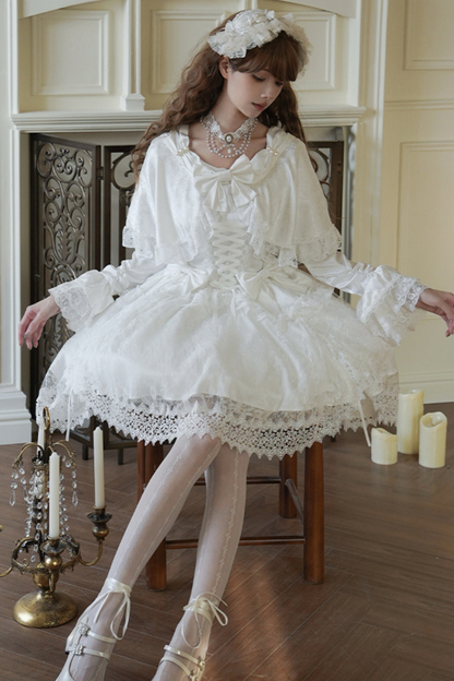 [Reserved Item] Pure White Multi-Wear Lolita Dress + Petticoat + Tail + Bonnet + Necklace + Ribbon