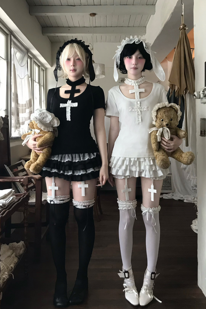 Gothic-Stil Kreuz-T-Shirt + Kreuzkragen + Kürbishose