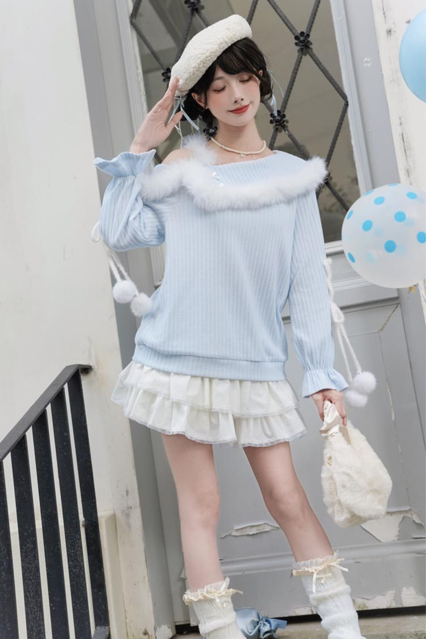 スイートブルーオフショルダーニットトップス