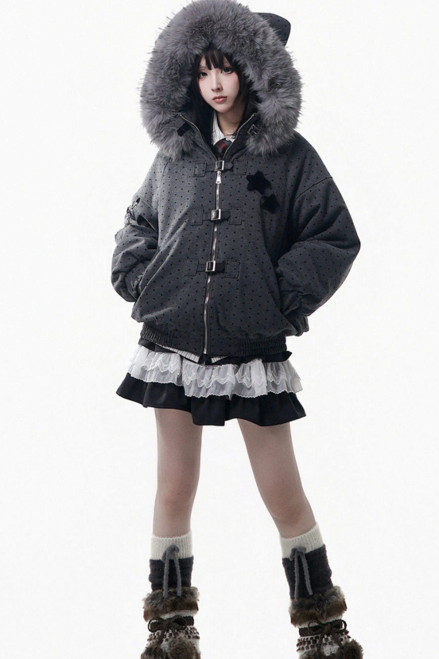 ビッグファーカラージャケット+トップス+スカート+パンツ+チェックフードジャケット