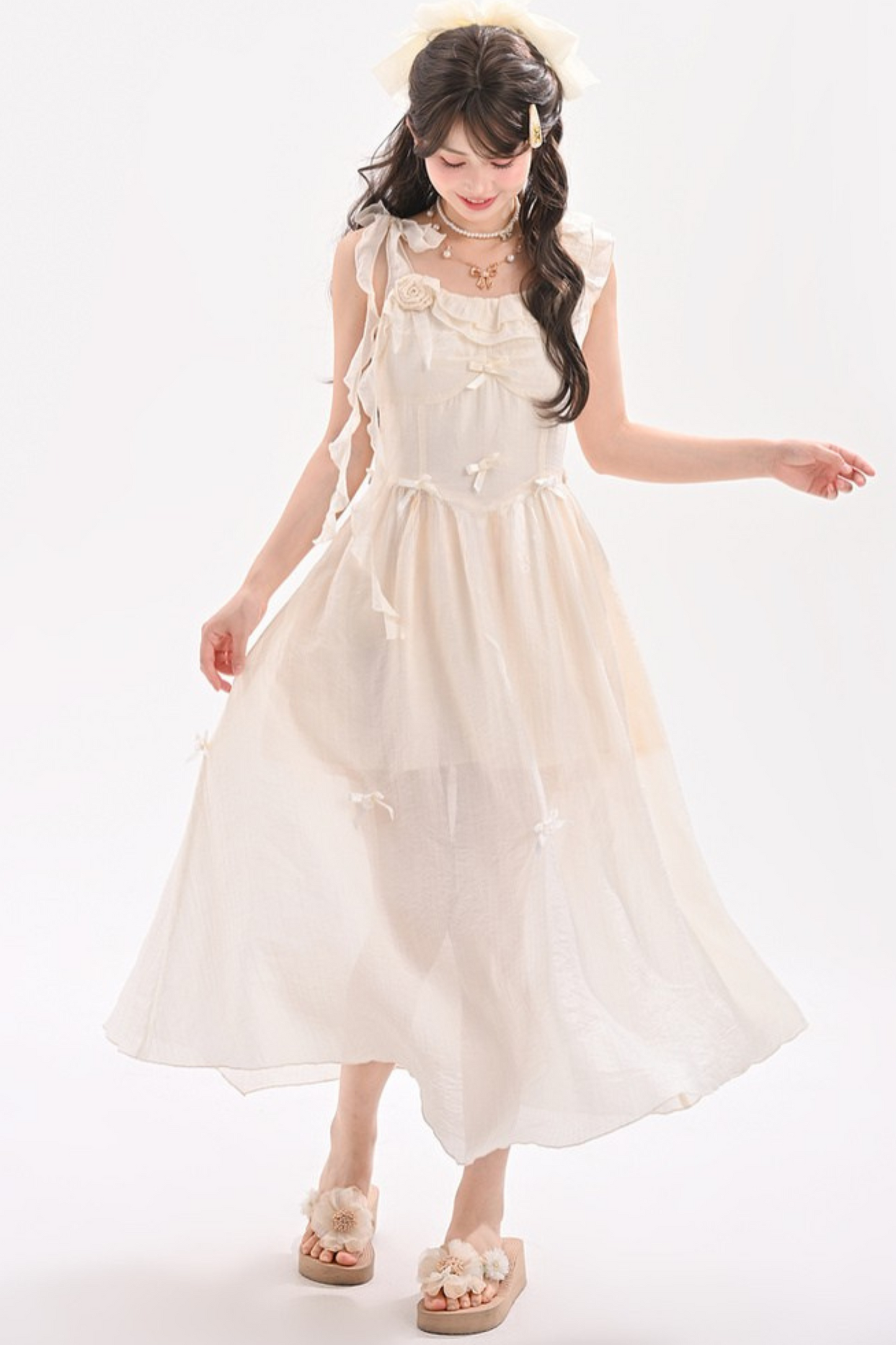Sweet Sheer Design Ribbon Two Wear Dress