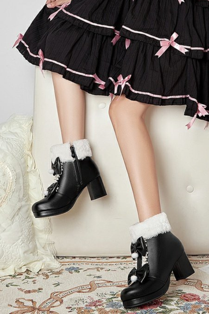 ダブルリボンファーショートブーツ