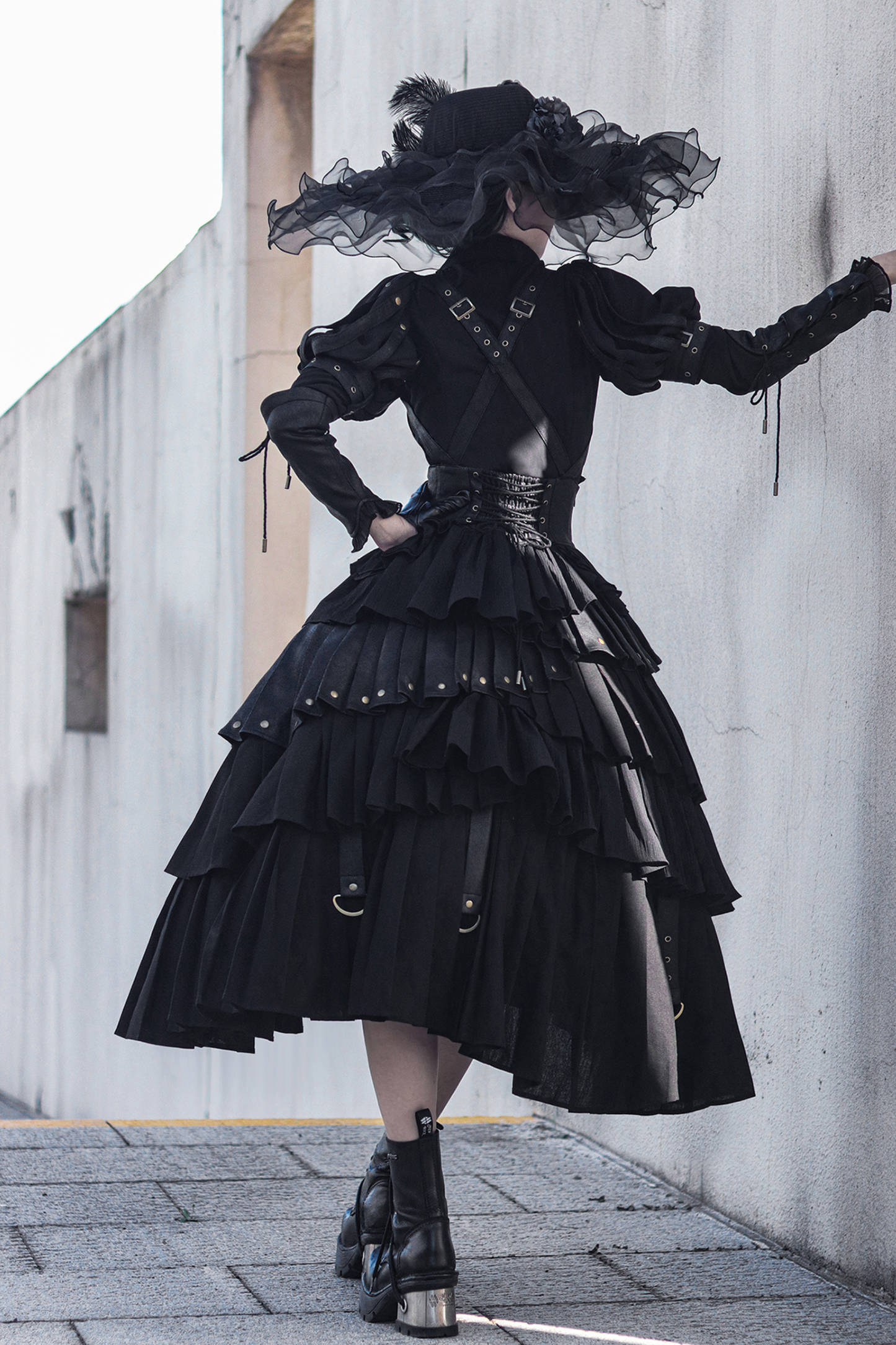 [Reservation product] Black Mist Gosix Team Punk Gauge Mat Leather Shirt + Corset Suspender Dress