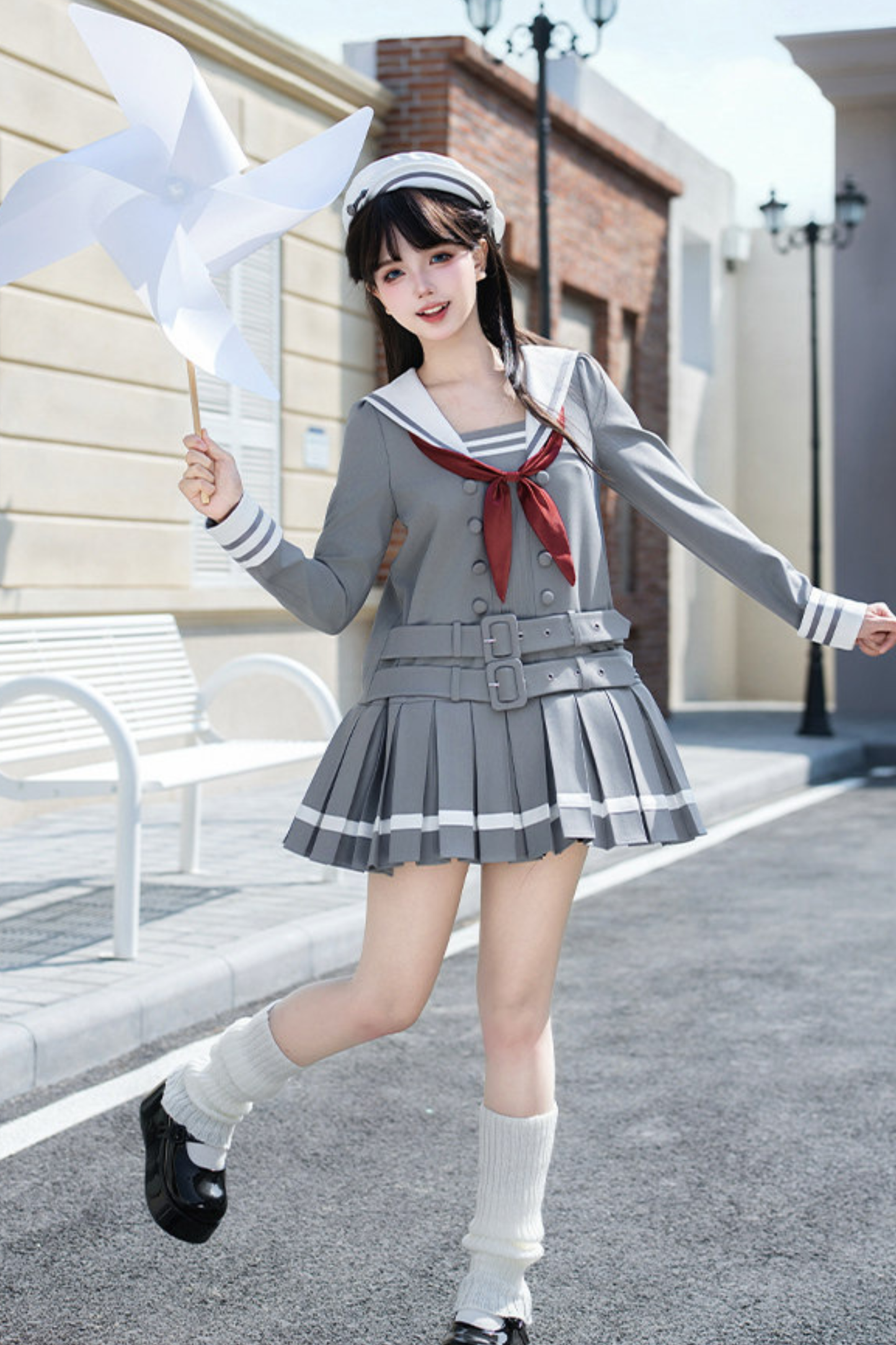 Robe collège plissée à col marin + Ruban + Chapeau