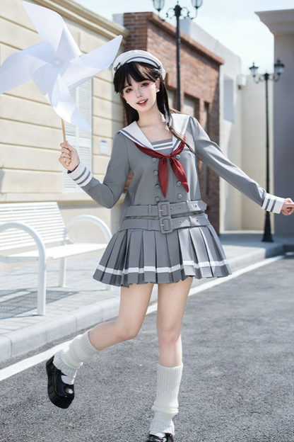 Robe collège plissée à col marin + Ruban + Chapeau