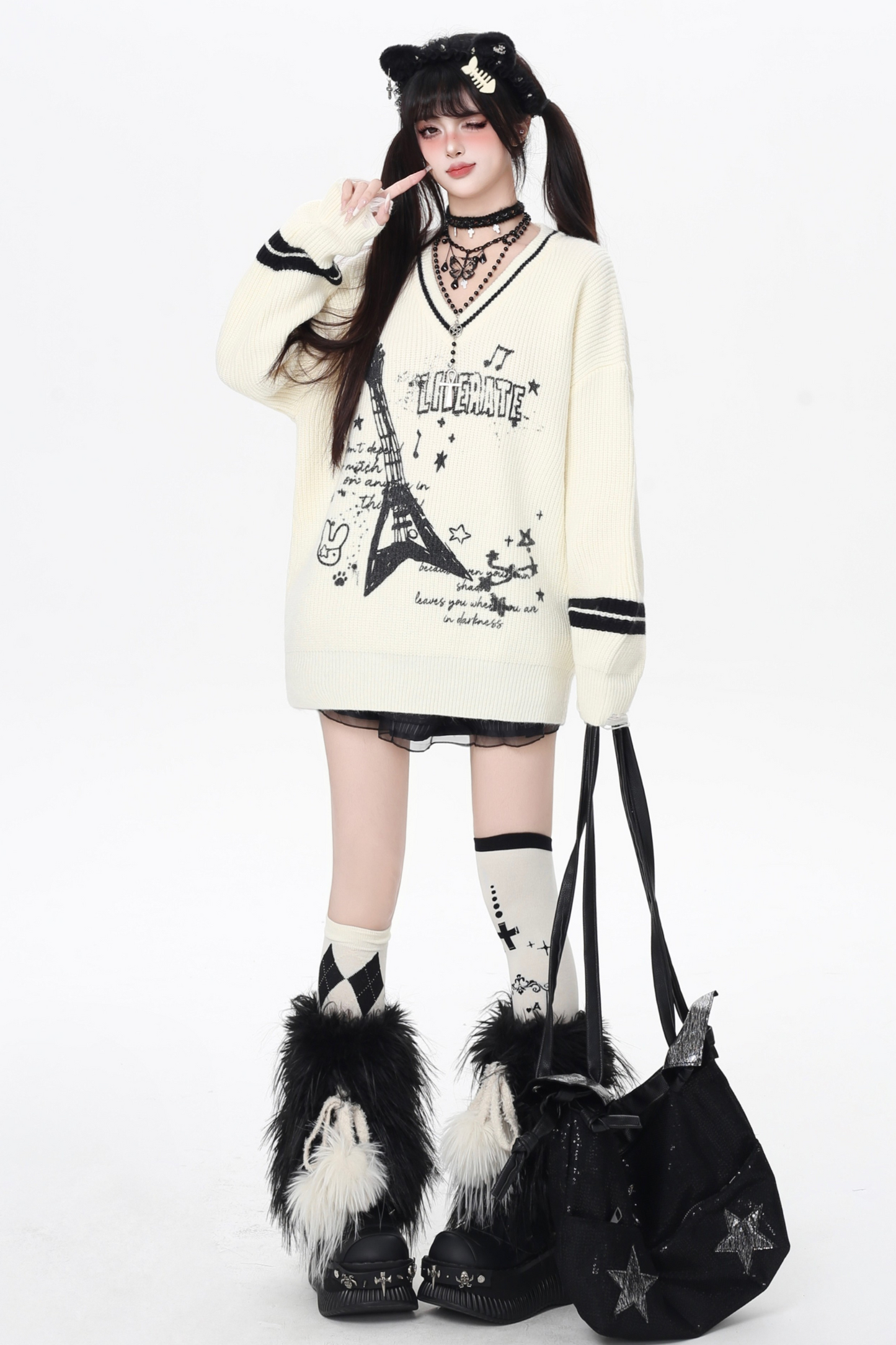 クールロックスタイルギターVネックルーズロングスリーブニット