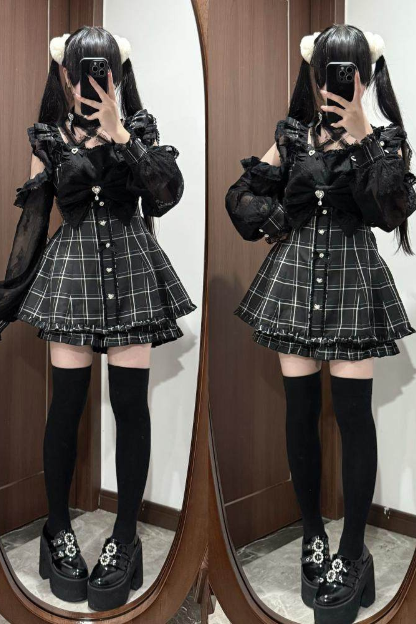 ダークオフショルダードレス+ショートパンツ+ネックレス