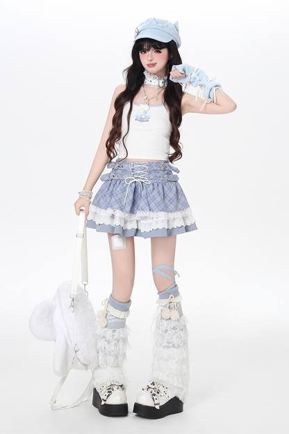 Plaid Lace-Up Tiered Skirt