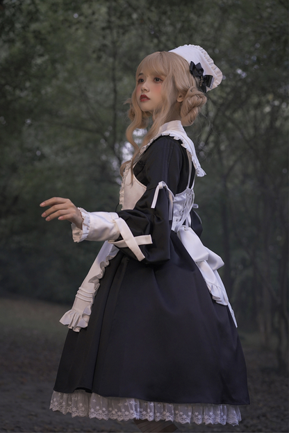 ランタンエンジェルメイドロリータドレス＋エプロン＋つけ襟