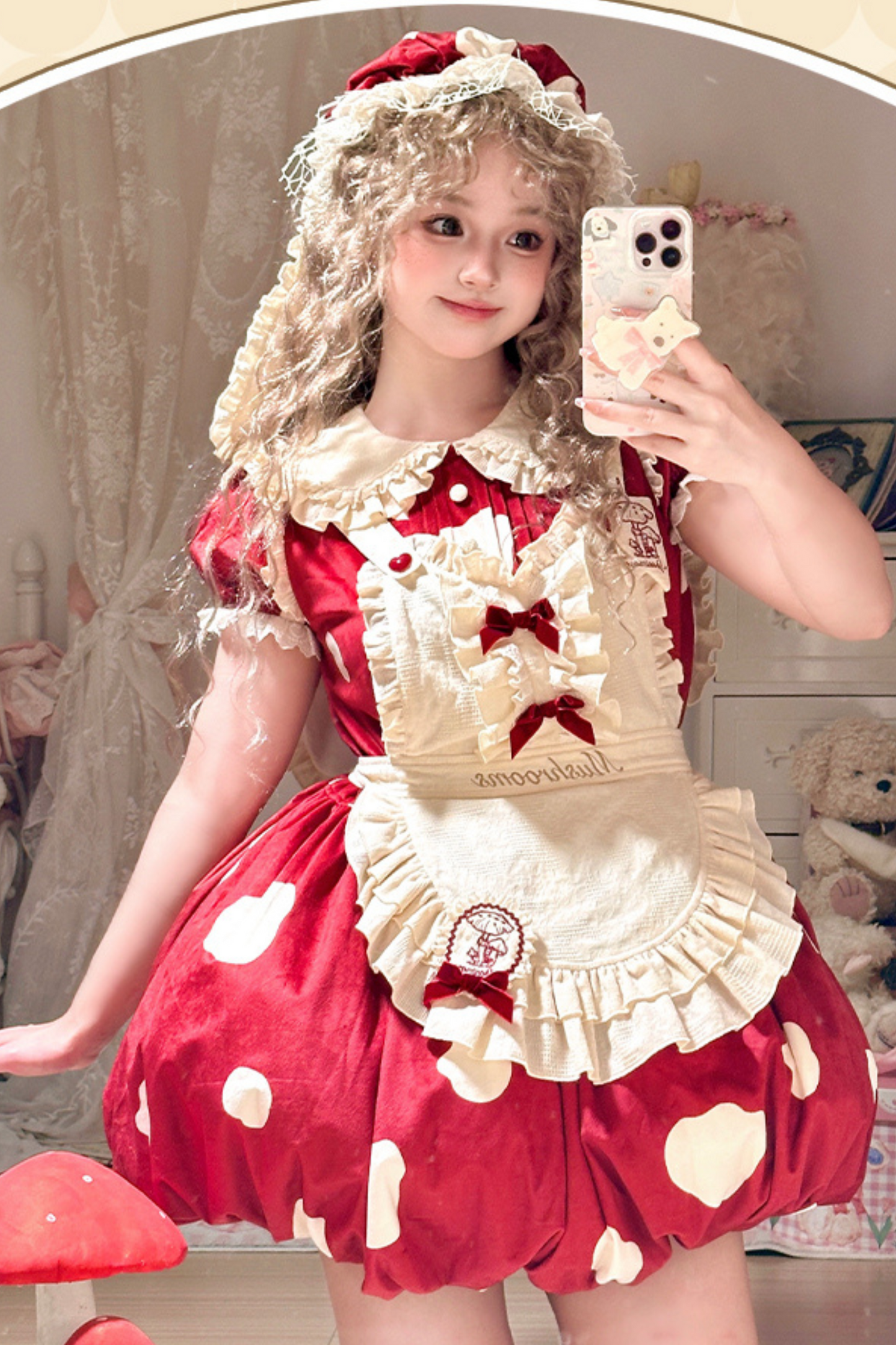 キノコドールワンピース+リボンフリルエプロン+フリルスリーブ+うさ耳ハット