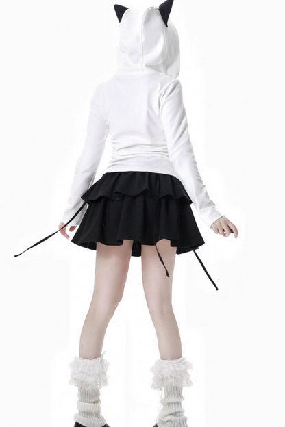 猫耳フードトップス+ルーズニットセーター+カーゴパンツ+ストラップスカート