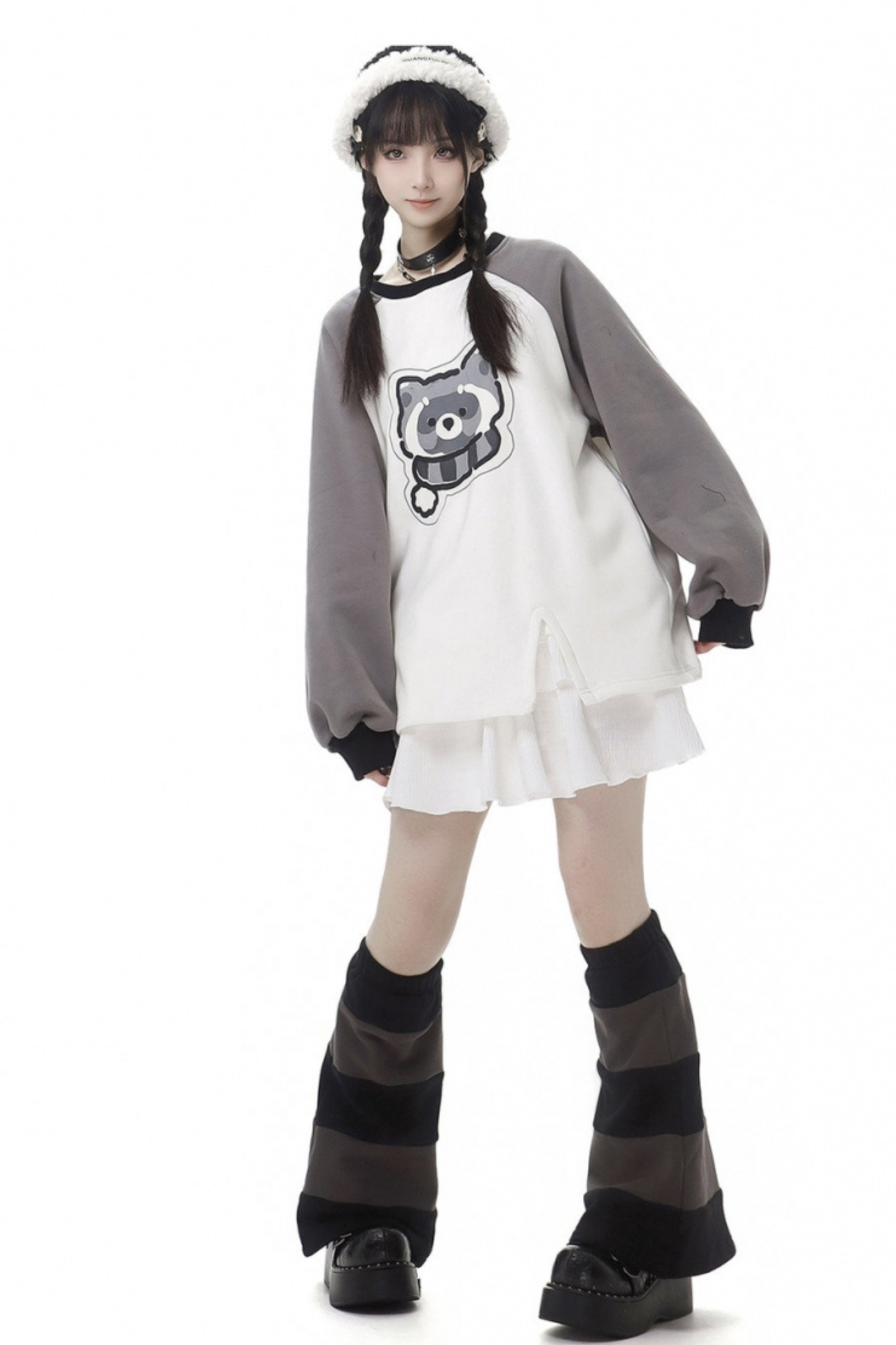 Tanuki fur jacket + sweatshirt + skirt + pants + leg covers