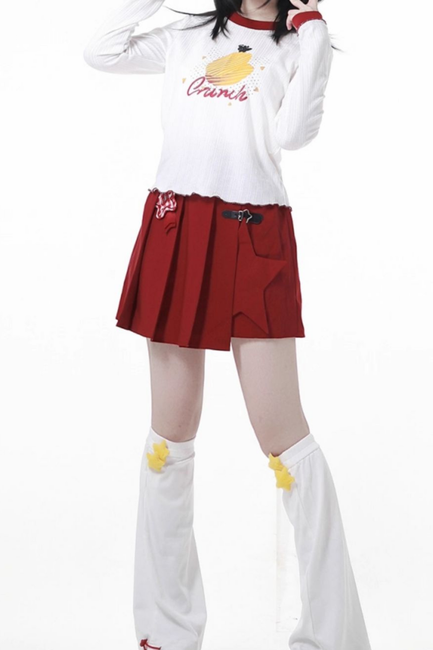 スナックガールフードベスト+トップス+プリーツスカート+レッグウォーマー
