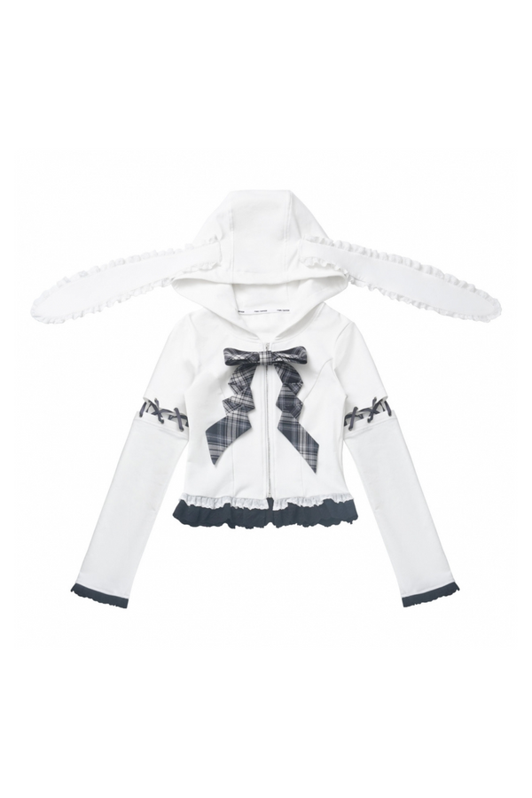 Mine rabbit ear hooded top + check cake skirt