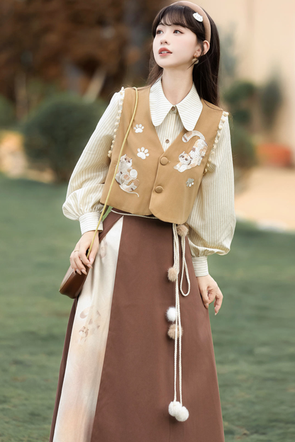 レトロキャットベスト+トップス+スカート