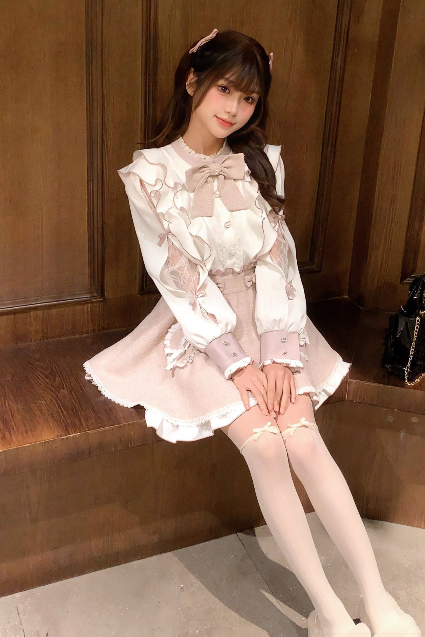 레이스 어깨 리본 블라우스 + 스커트