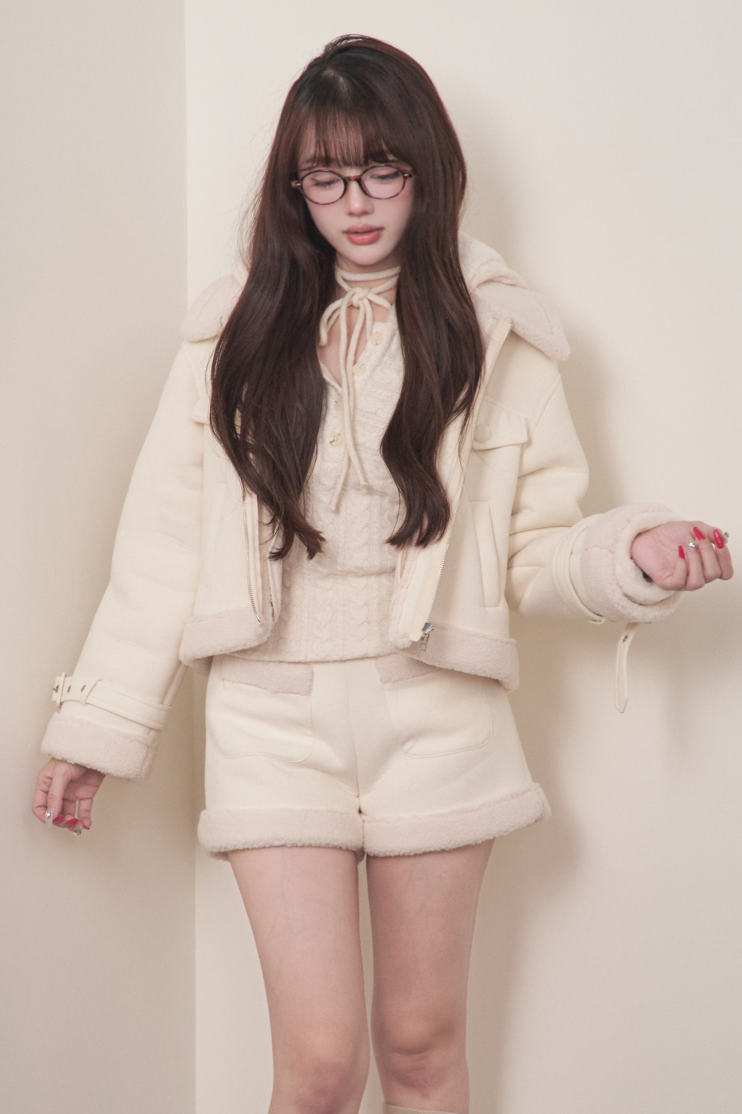 ファーショートコート+ショートパンツ