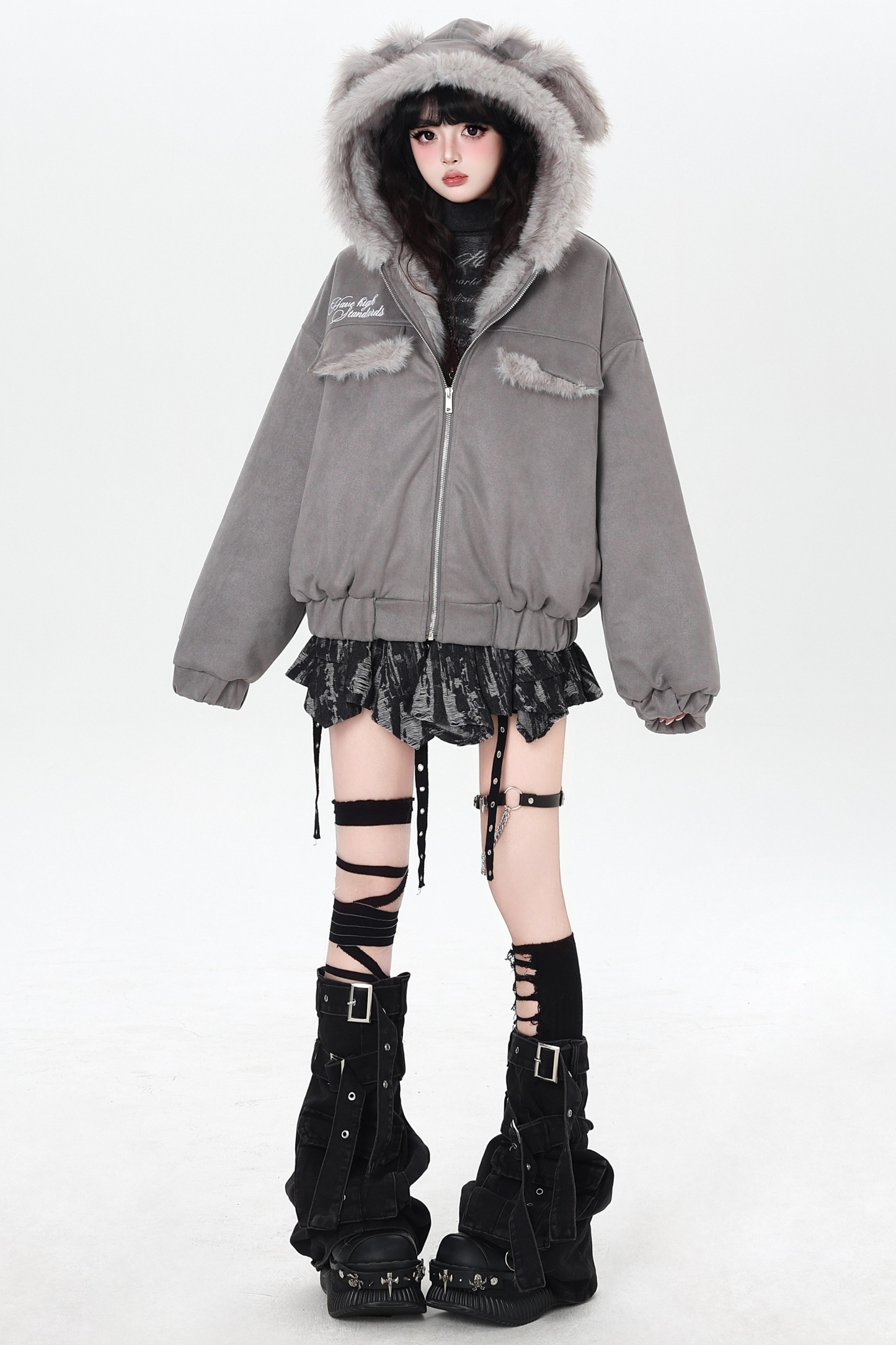 Rabbit Fur Hooded Suede Jacket