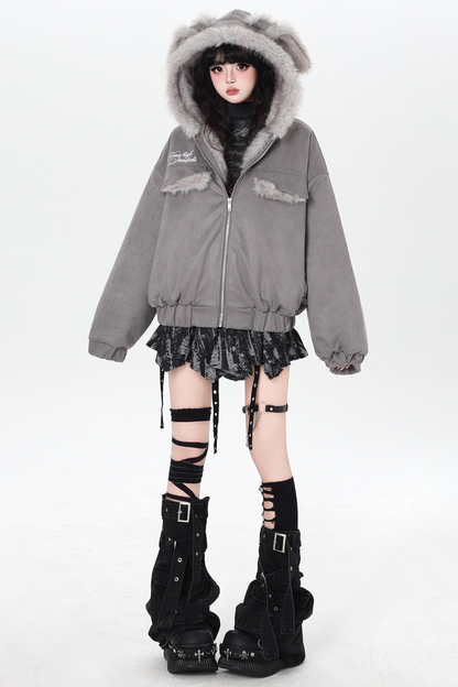Rabbit Fur Hooded Suede Jacket