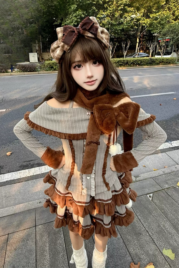 [Reservations] Pure Style Girly Fur Knit Two-piece Suit