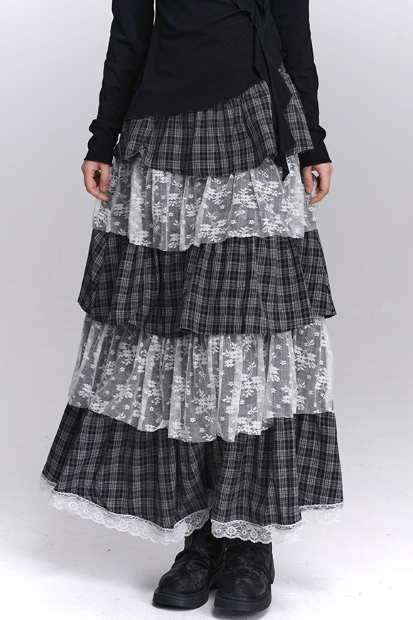チェックティアードレースロングスカート