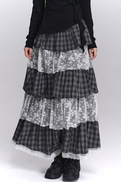 チェックティアードレースロングスカート