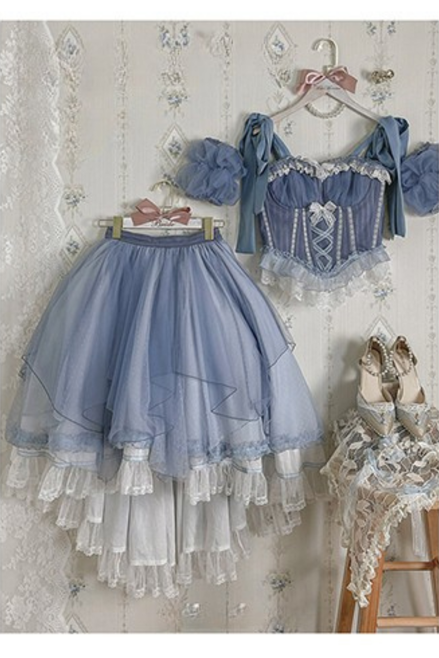 [Reservation Deadline: March 18] Gradient Blue Elegant Split Bustier Dress Setup + Accessories