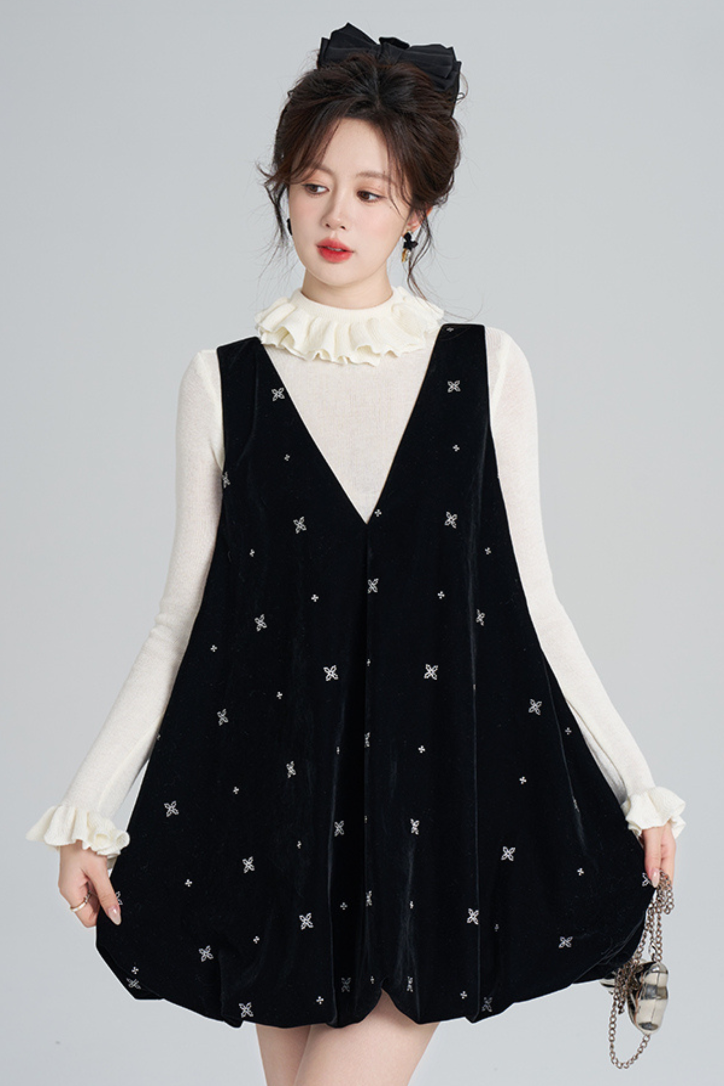 フレンチブラックベルベットリボンバルーンドレス