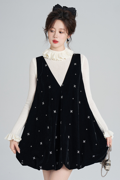 フレンチブラックベルベットリボンバルーンドレス