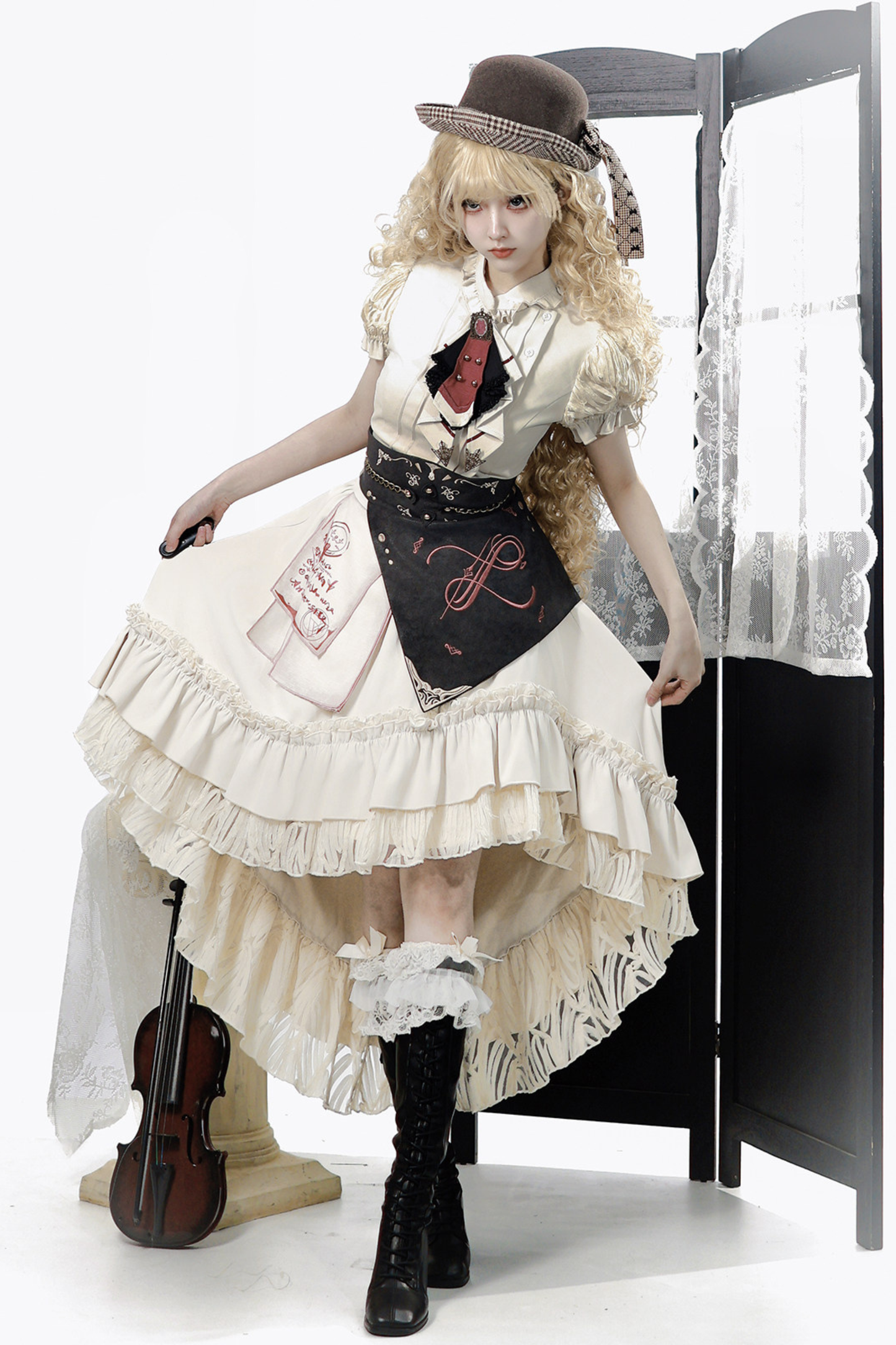 Vintage Lolita Puff Sleeve Top + Asymmetrical Skirt + Corset