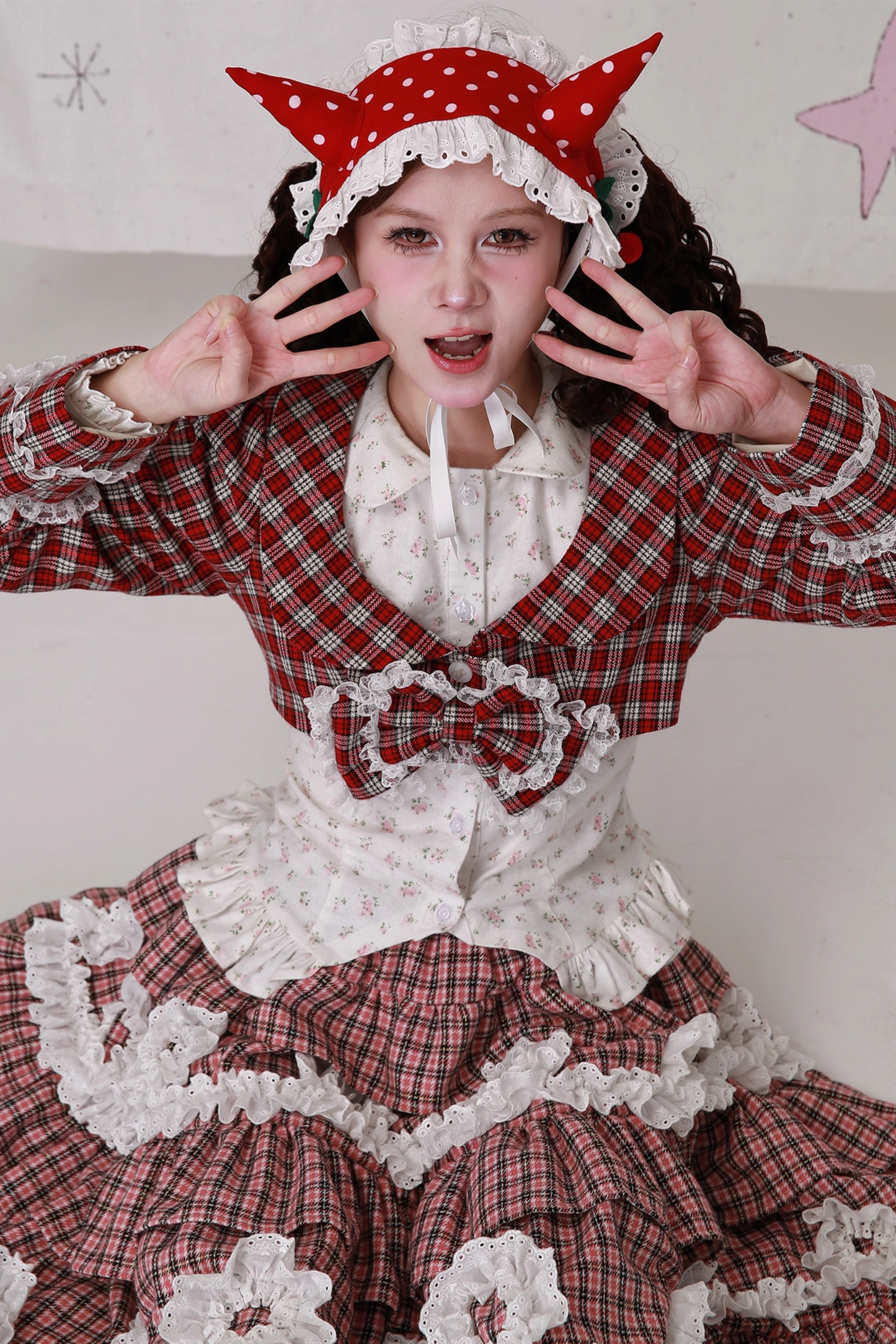 レトロチェックレースリボンショートジャケット