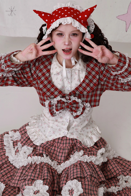 レトロチェックレースリボンショートジャケット